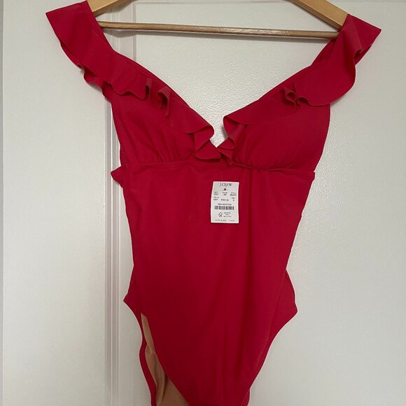NWT: J. Crew Red One Piece V Neck Ruffle Shoulder Swimsuit, Size Small - Picture 3 of 10
